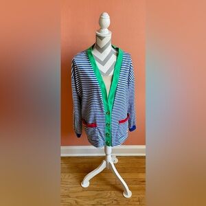 French Navy Striped Cardigan with Green Trim